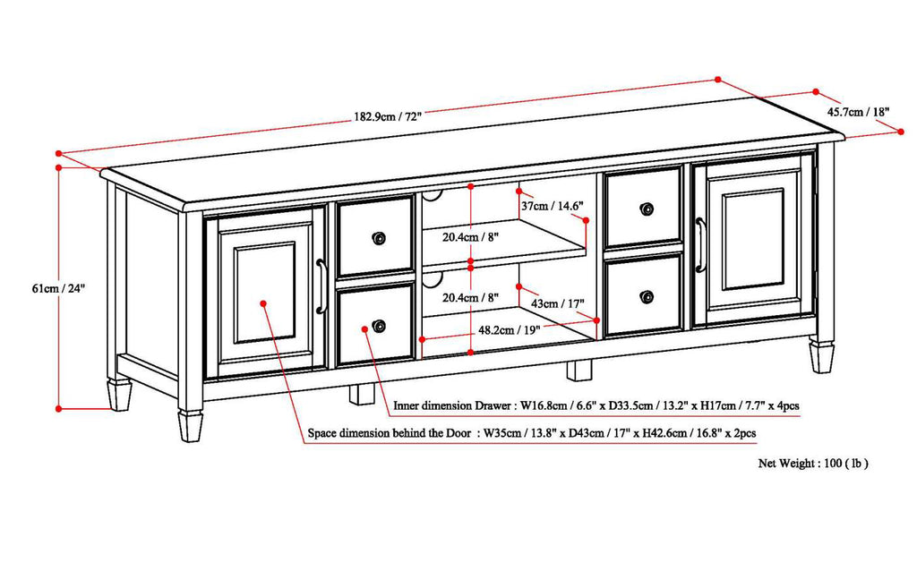 Connaught 72 Inch Wide Solid Wood TV Stand in Antique