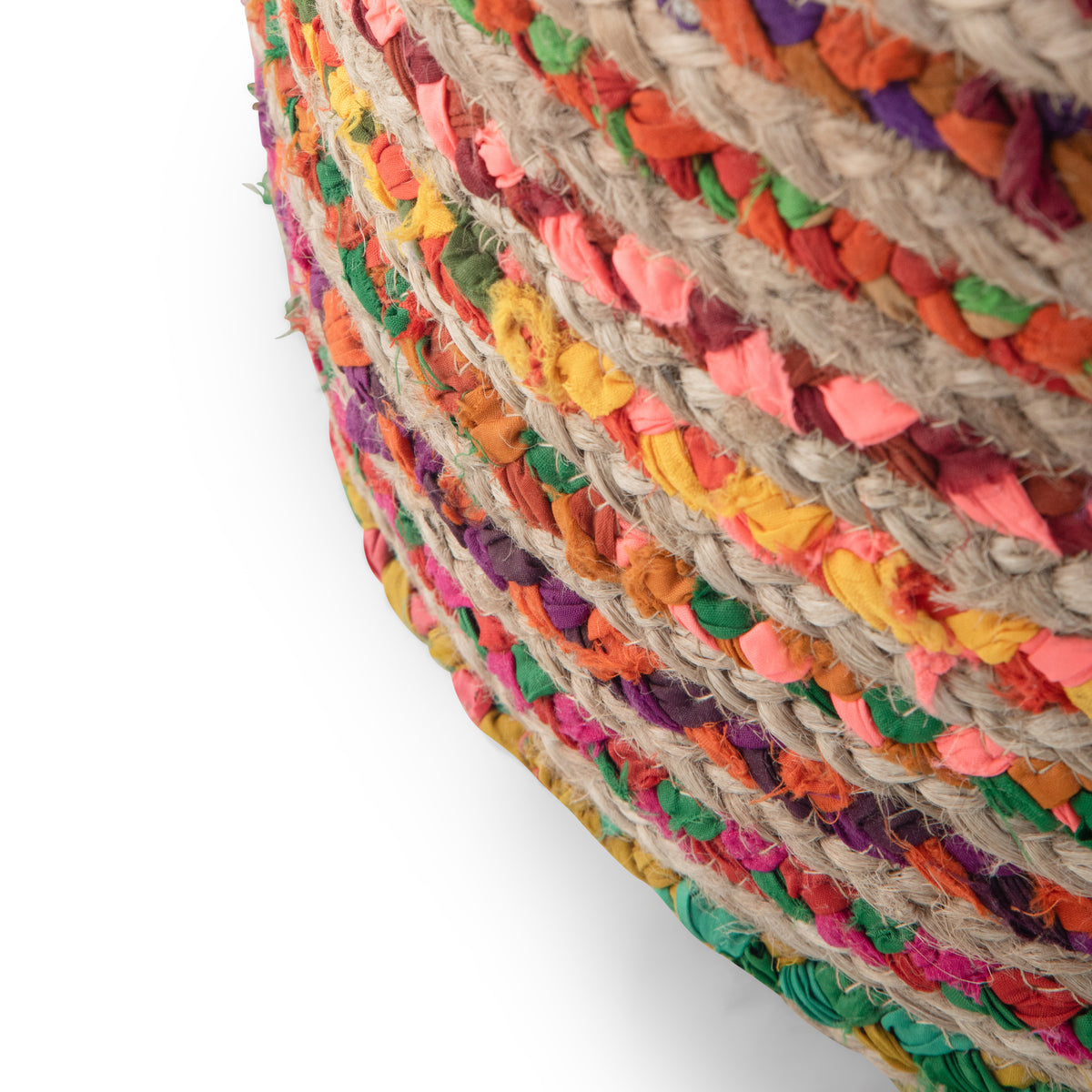 Margo 20 Inch Wide Round Pouf in Multi-Color Handwoven Jute and Cotton