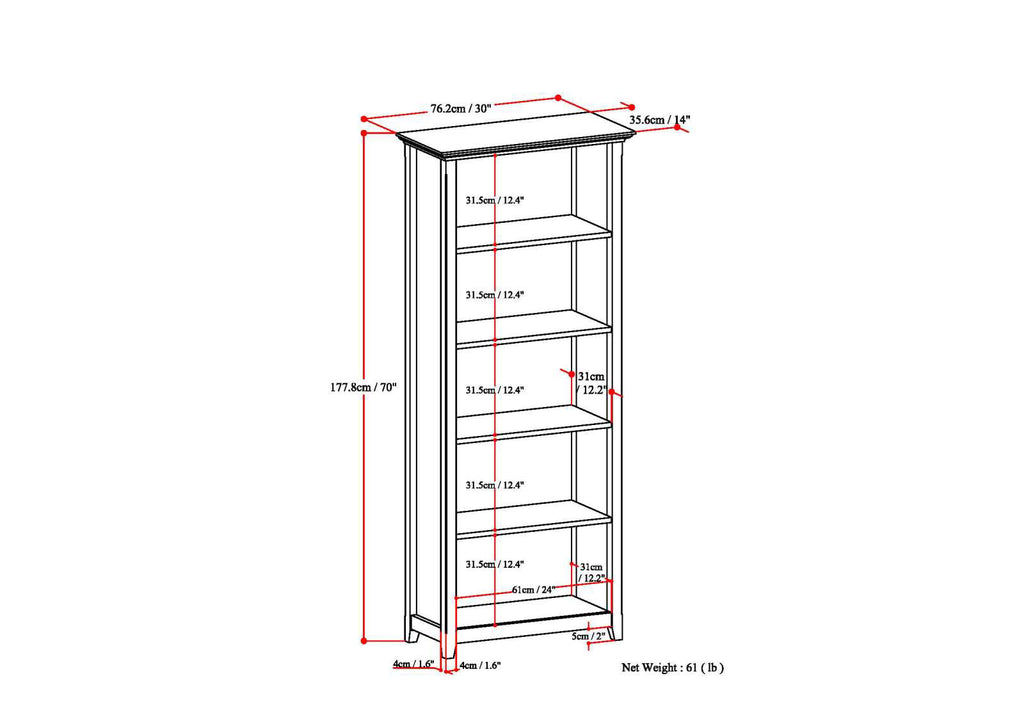 Amherst 30 Inch Solid Wood 5 Shelf Bookcase