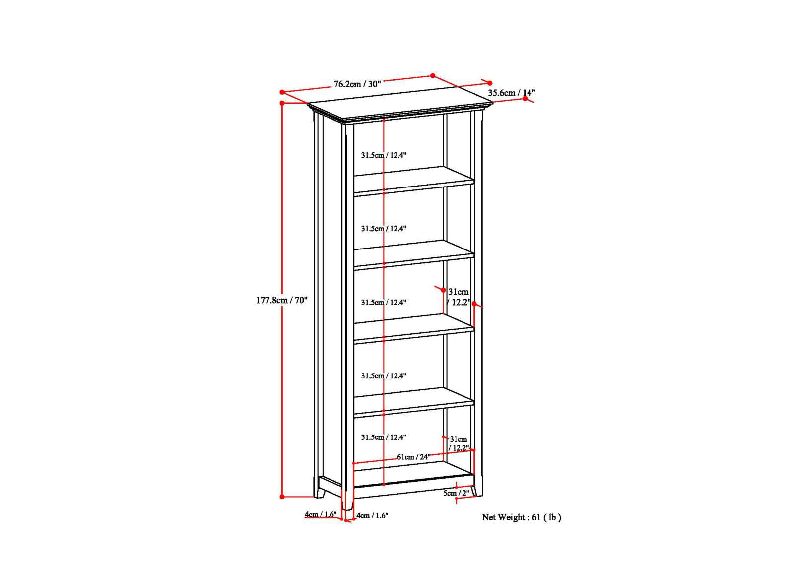 Amherst 30 Inch Solid Wood 5 Shelf Bookcase