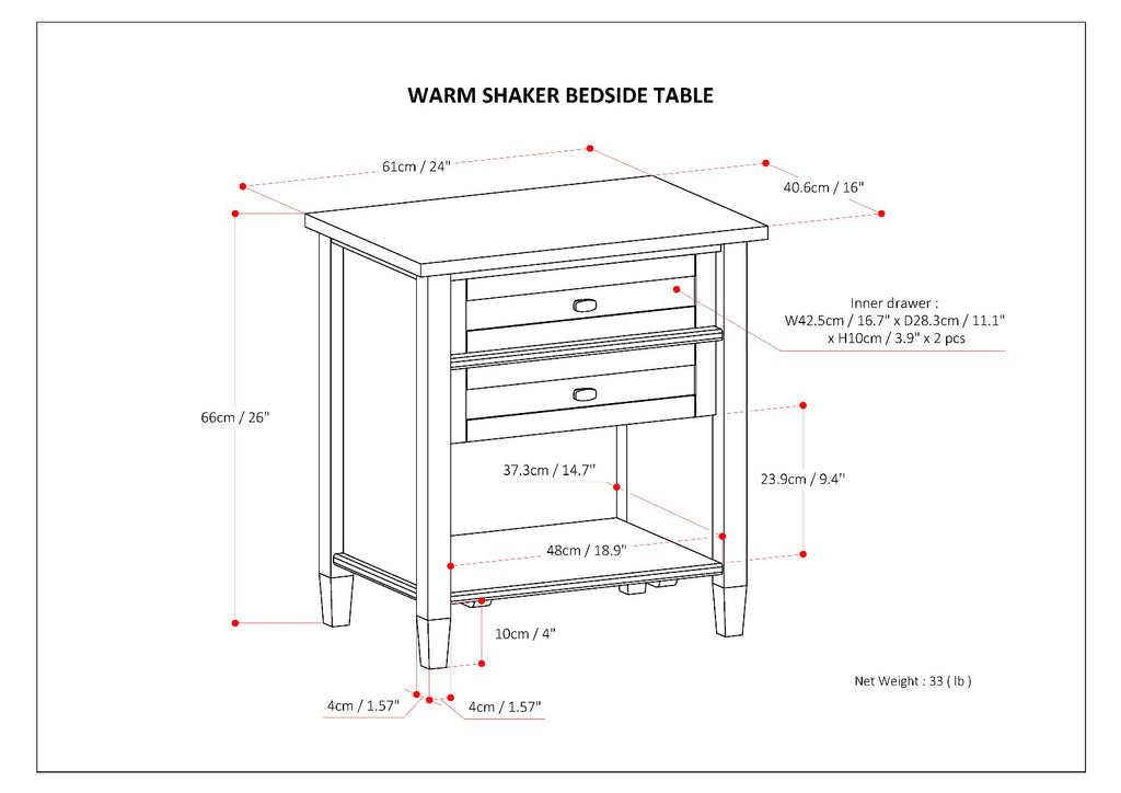 Warm Shaker Solid Wood 24 Inch Wide Transitional Nightstand in Hickory
